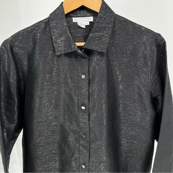 Real Clothes Saks Fifth Avenue Silk Top Size XL Black Shimmer Button Down - Picture 2 of 9